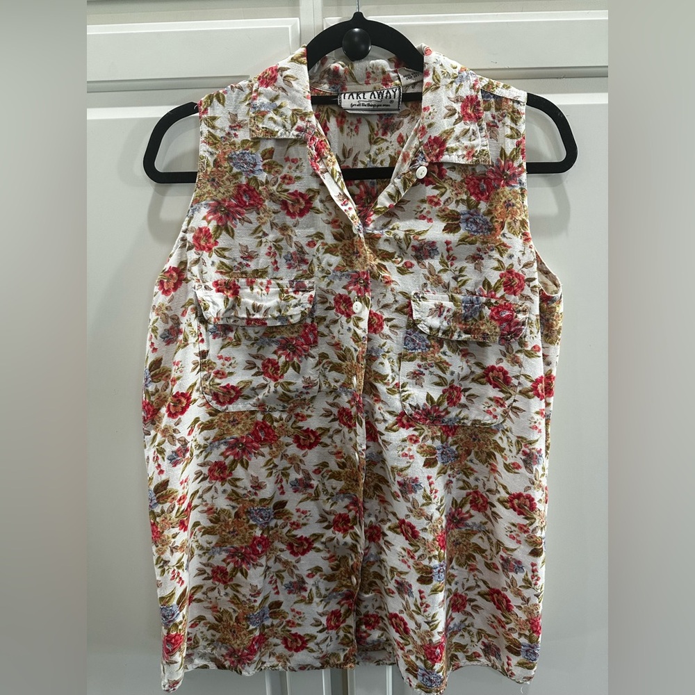 Retro 80’s sleeveless Floral linen blend button down top